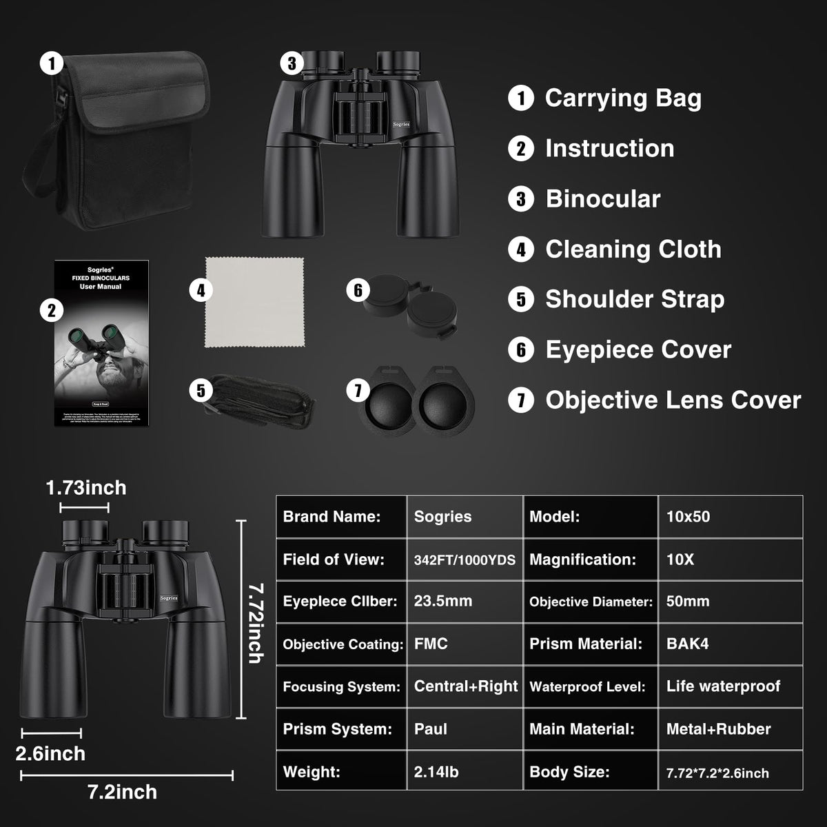 Sogries 10x50 Binoculars for Adults High Powered Binoculars for Bird Watching Long Distance IPX7 Waterproof Fully Multi-Coated BAK4 Prism Optics for Hunting Travel Birding Stargazing