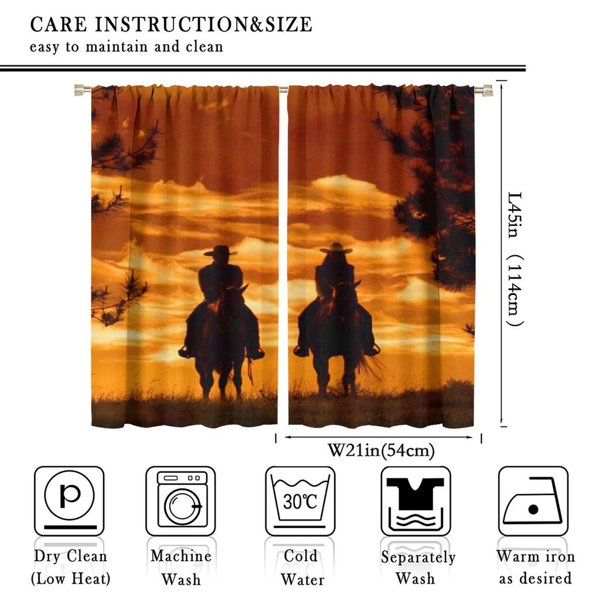 Kazynee Rustic Cowboy Blackout Curtains for Bedroom,Western Forest Sunset Country Cowboy Riding Horse Window Curtains Rod Pocket 2 Panels 45L x 21W