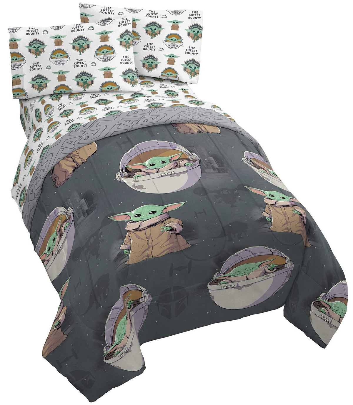 Jay Franco Star Wars The Mandalorian The Child 5 Piece Queen Bed Set - Includes Reversible Comforter & Sheet Set - Bedding Features Baby Yoda - Super Soft Fade Resistant Microfiber Official Product