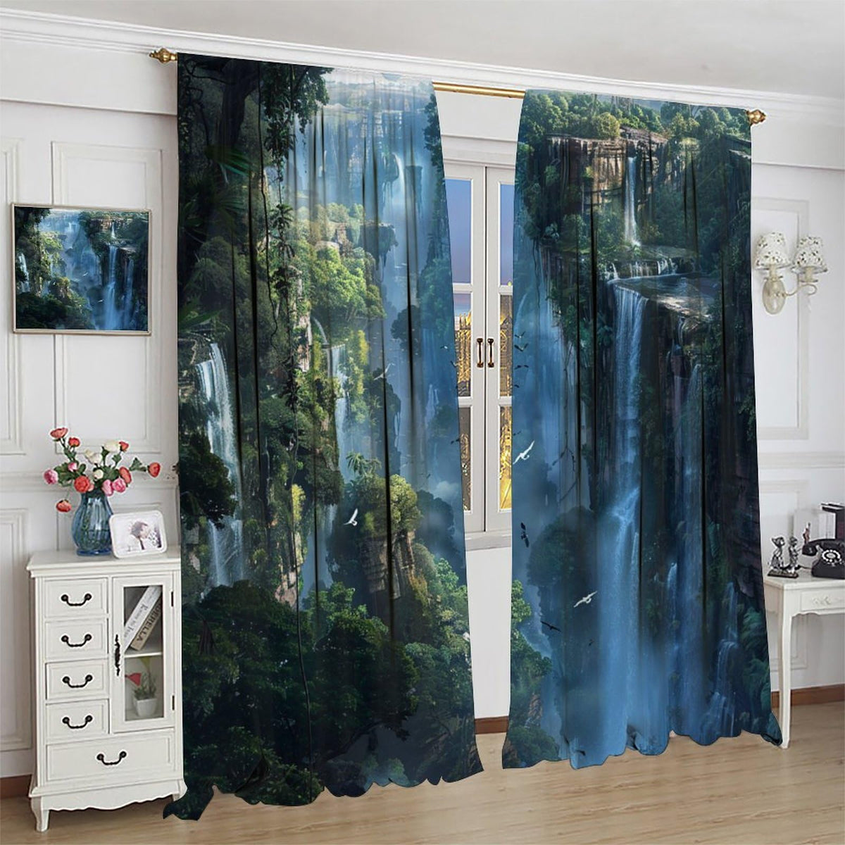 TOWINSFB Classic Waterfall Landscape Blackout Curtains, Forest Mountain Jungle Bird Home Decor Rod Pocket Window Drapes for Living Room Bedroom - 42" W x 63" L
