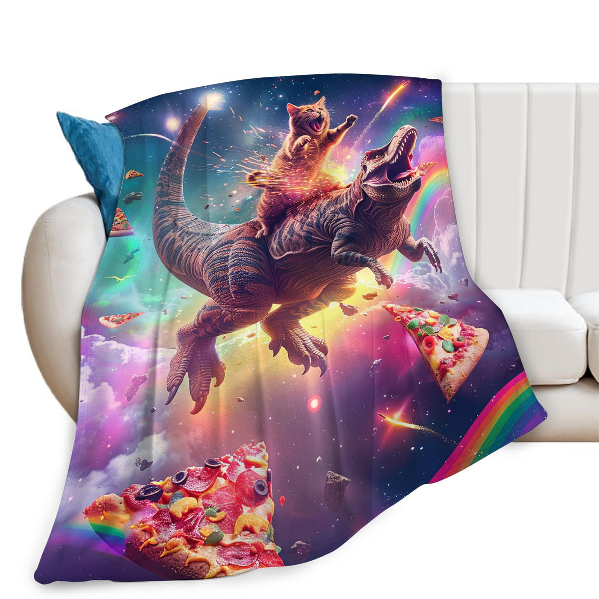 Cat and Dinosaur Blanket Rainbow Pizza Dino Cat Throw Blanket Gifts for Adults Men Women Boys Girls Kids Super Soft Cozy Plush Fluffy Fuzzy Fleece Blanket Decor 60''X80''