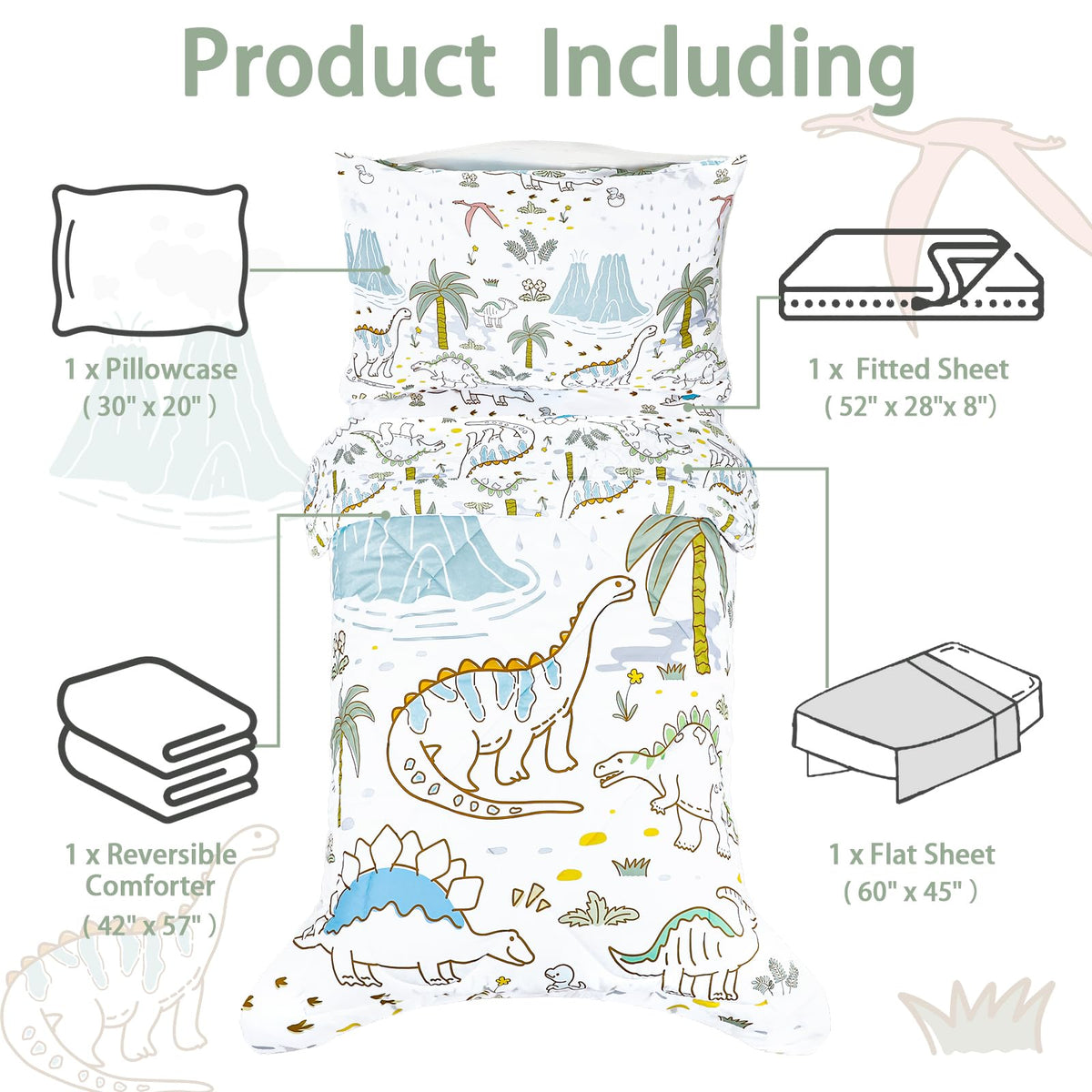 SWESEN Toddler Bedding Set for Boys, Cute Dinosaurs Toddler Boy Bedding Set, Soft & Lightweight 4 Piece Toddler Comforter Sets Include Comforter, Flat Sheet, Fitted Sheet, Pillowcase