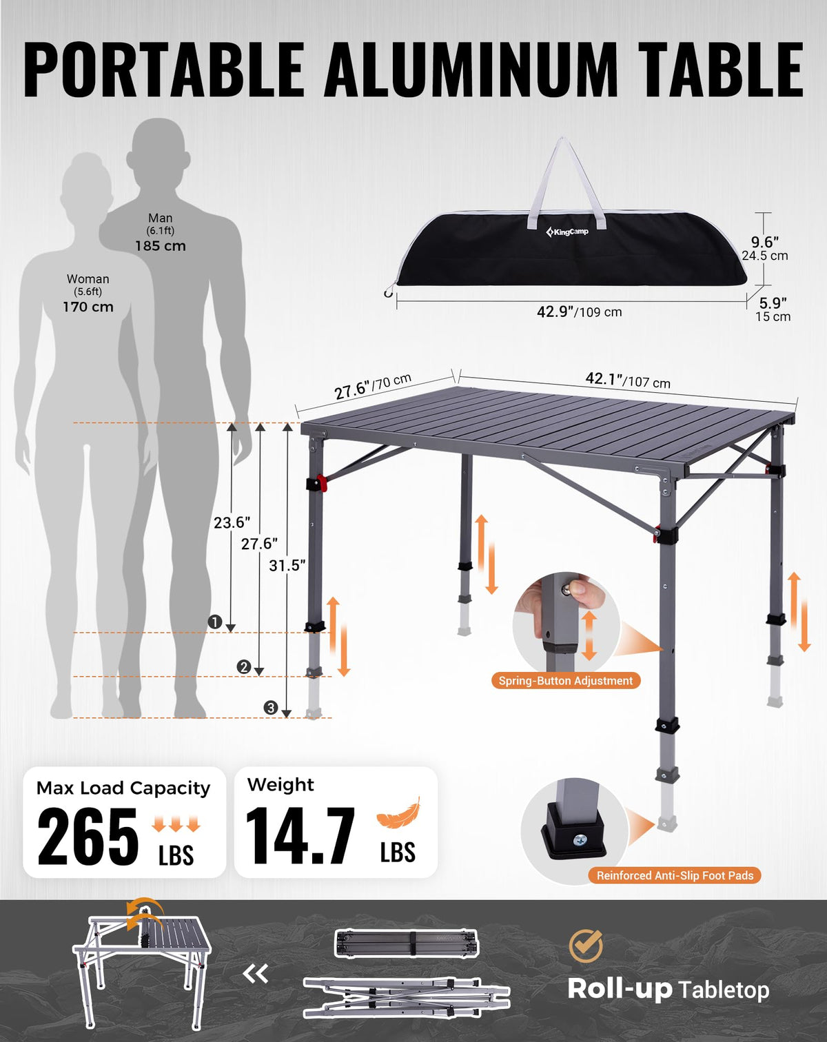 KingCamp Folding Camping Table Foldable Loads 265 Lbs, 42.1"× 27.6" Portable Table 3 Adjustable Height Aluminum Roll Up Camp Table with Carry Bag for Camping Picnic BBQ Backyard, Indoor & Outdoor