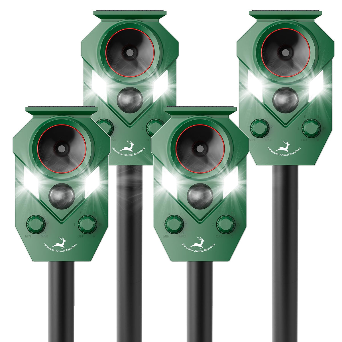 Solar-Powered Ultrasonic Animal Repellent 4 Packs, Waterproof Cat Deterrent with LED Flashing Lights and Motion Sensor for Outdoor Yard, Effective to Repel Cats, Coyotes, Raccoons, and Deer