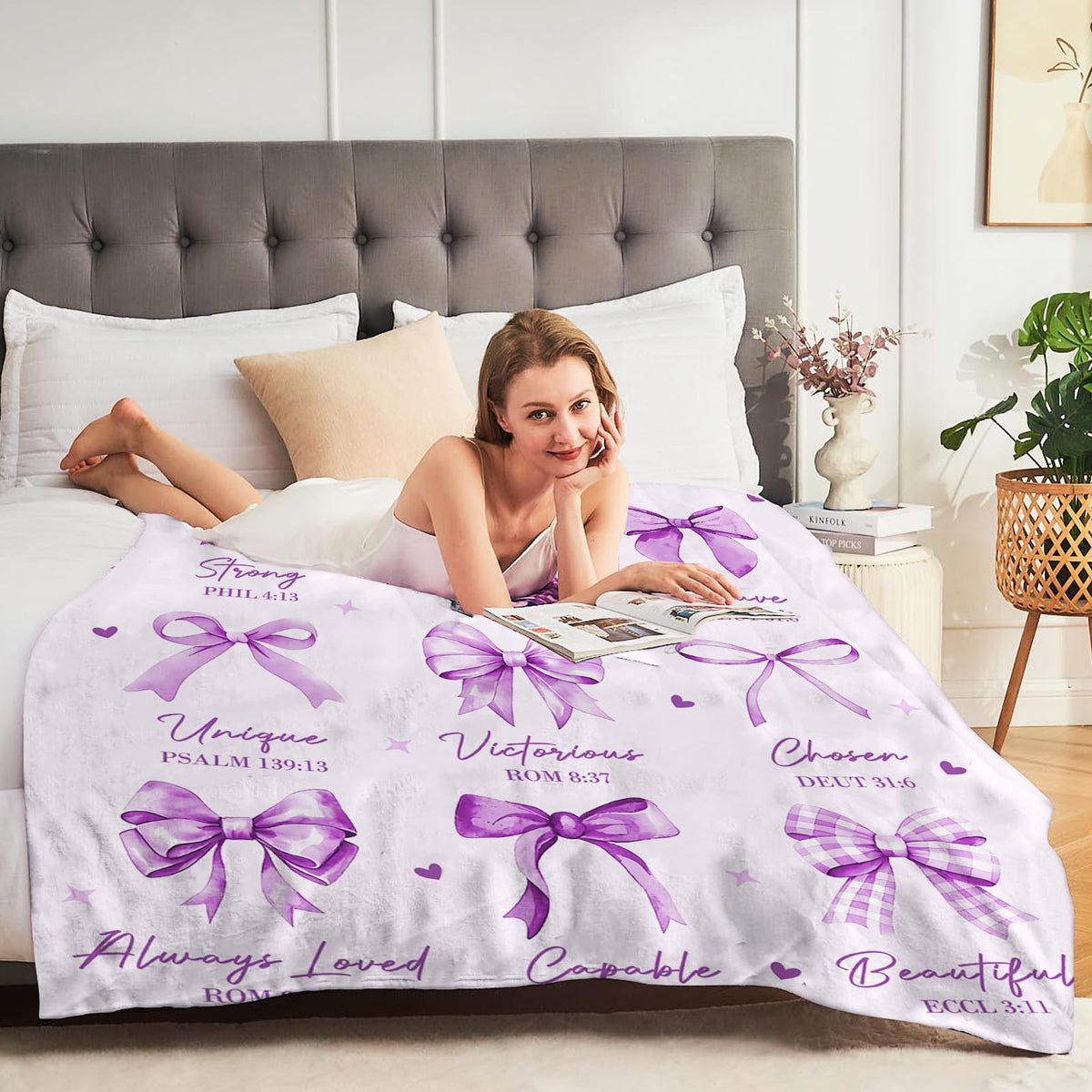 CIUGOIG Christian Gifts for Women - God Says I Am Blanket 50"X60" - Inspirational Religious Birthday Catholic Spiritual Gifts & Baptism Comformation Gifts for Girl Purple Bow Bible Verse Blanket