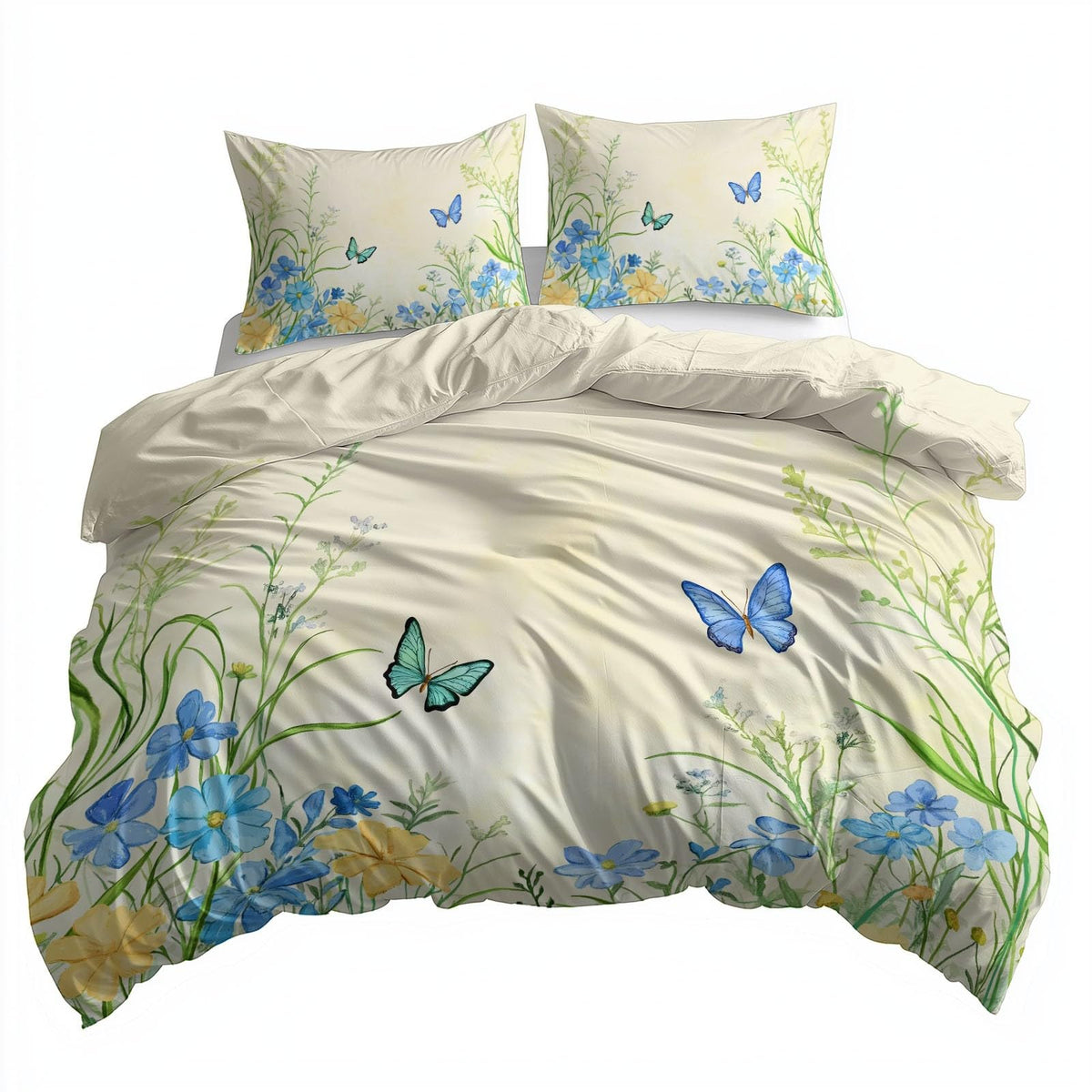 Twin Duvet Cover Set - Countryside Flower Field Butterfly Bedding Beige, 2 Piece Set with Zipper Closure, Easy Care Breathable Cozy, 1 Duvet Cover 68 x 90 inches and 1 Pillow Shams