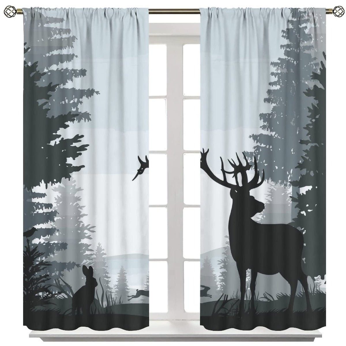 Deer Blackout Curtain,Misty Forest Rustic Wildlife Moose Mountain Elk Rabbit Pine Forest Silhouette Window Curtains Bedroom Living Room Insulated Window Drapes,2 Panels W42 xL45