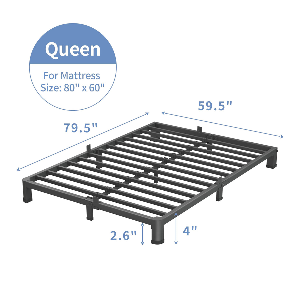 VIPSHOW 4 Inch Queen Bed Frame, 3500Lbs Heavy Duty Metal Platform with Round Corner Legs Mattress Slide Stopper, Steel Slat Support No Box Spring Needed, Noise Free, Non-Slip, Easy Assembly