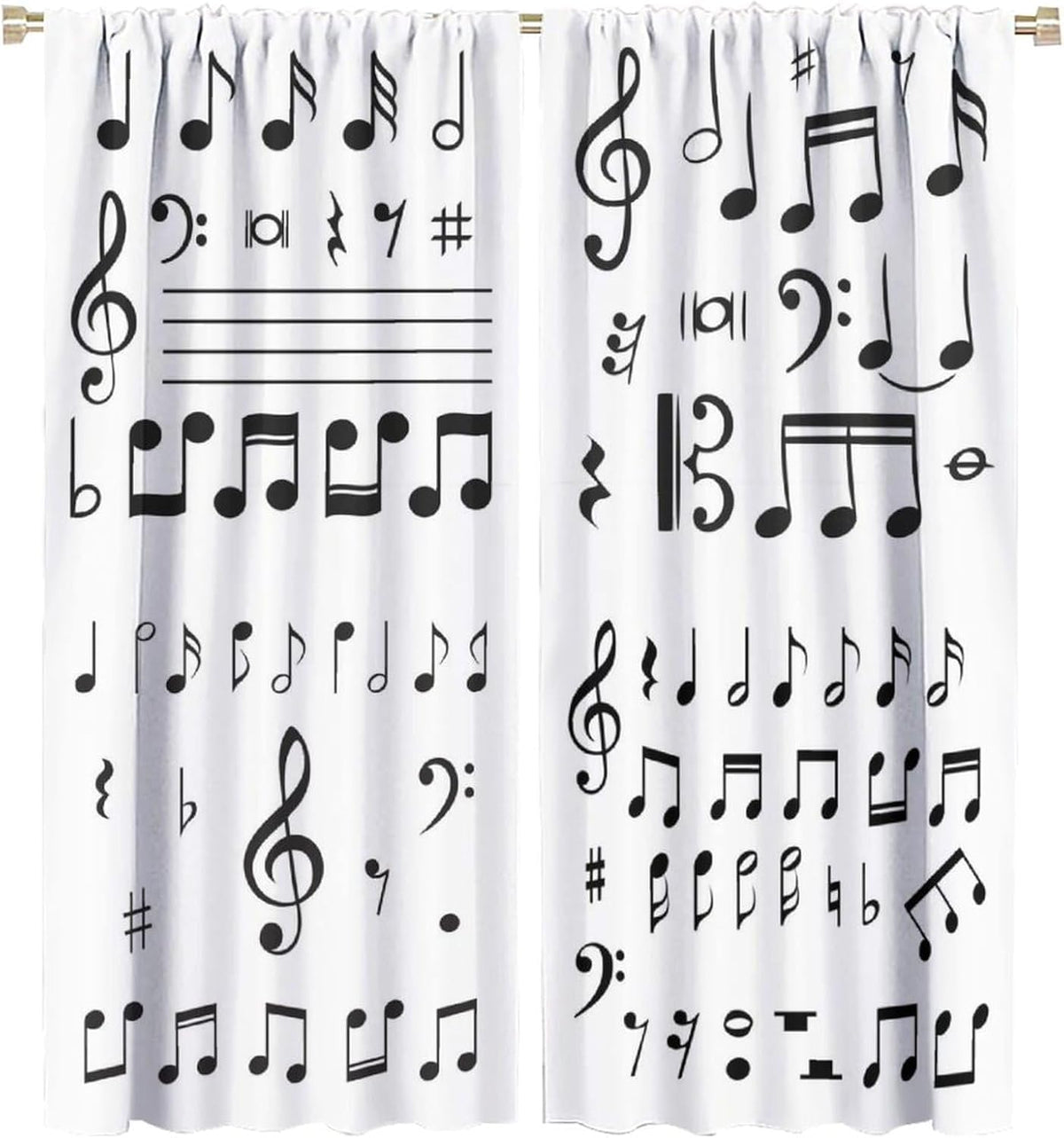 HZOHNAGO Music Curtain Black and White Musical Notes Blackout Print Rod Pocket Window Drapes for Bedroom Living Room 42x45in