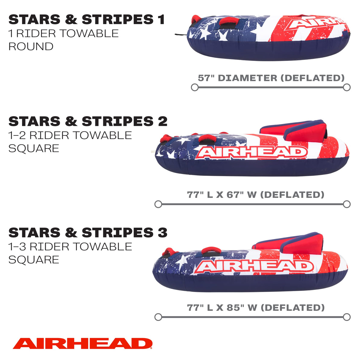 SportsStuff Airhead Stars and Stripes 1 Towable 1 Rider Tube for Boating and Water Sports, Made in the USA, Heavy Duty Full Nylon Cover and Patented Speed Safety Valve for Easy Inflating & Deflating