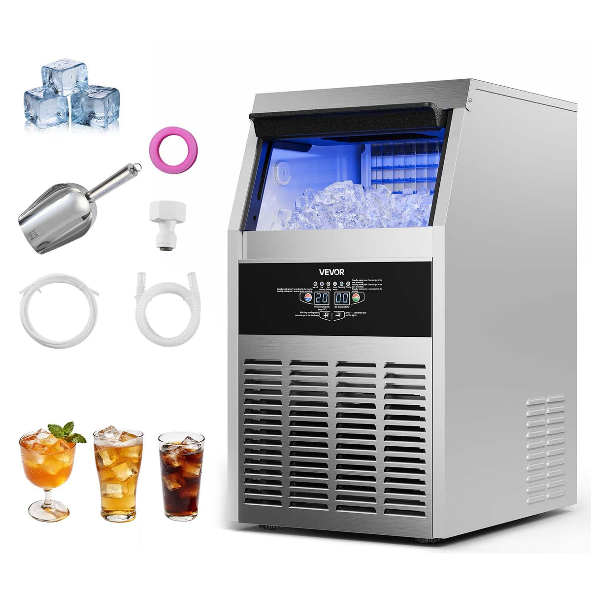 VEVOR Commercial Ice Maker Machine, 130 lbs/24h with 16-30 lbs Storage Capacity, Built-in/Freestanding/Under Counter, Stainless Steel Ice Maker with LED Display & Self-Cleaning, Home Bar Restaurant