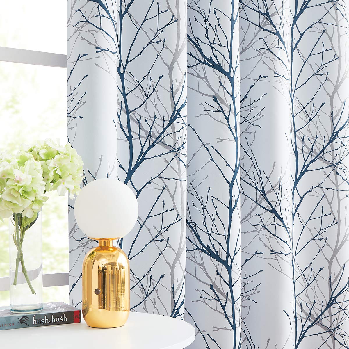 FMFUNCTEX 100% Blackout Curtains for Bedroom, Blue White Tree Branch Curtains 54 Inches Long for Living Room, Short Thermal Insulated Window Drapes for Basement, Small Windows 2 Panels Grommet Top
