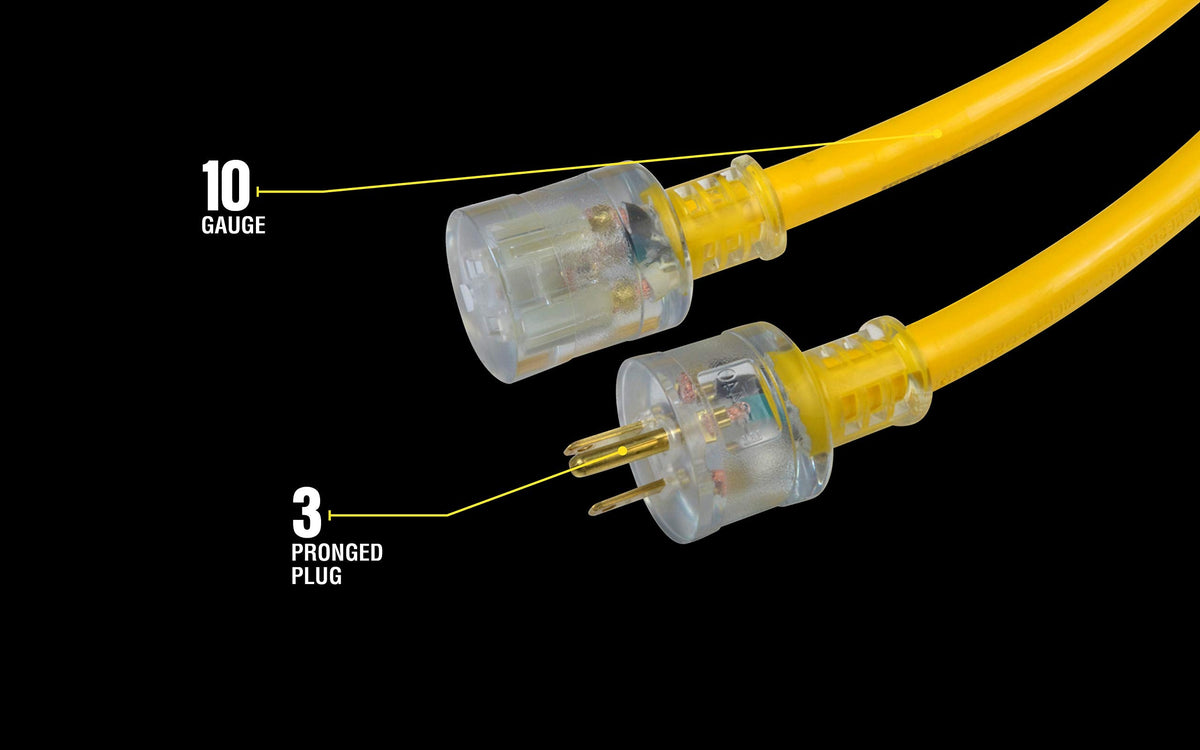 Southwire Heavy Duty Extension Cord - Outdoor Power Cable with Lighted End for Safety - Waterproof - High Visibility Yellow Jacket - 10/3 SJTW Extension - 50-Foot