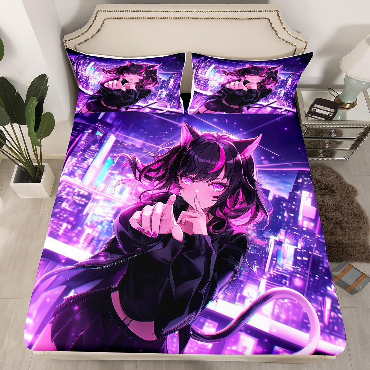 Erosebridal Kids Anime Girl Twin Size Sheet Set, Japanese Anime Bed Sheets, Cartoon Girl Fitted Sheet Top for Boys Teens Bedroom, Kawaii Japanese Animation Bedding Set with 1 Pillow Case