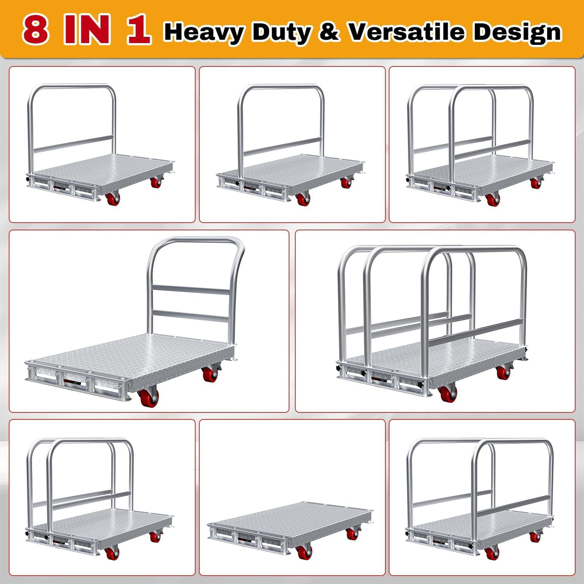 2IN1 Steel Panel Cart Dolly – Large Heavy Duty Drywall Lumber Truck Cart with 2700 LBS Capacity, 40 x 24 Inch 2.2MM Steel Plate, 6.3" Swivel Brake Wheels, 1 Front & 3 Side Handrails