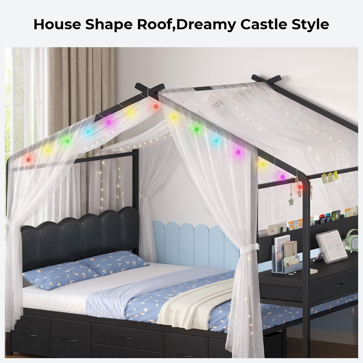 ADORNEVE House Bed with Desk,Full Kids Bed with Globe String Lights,Black
