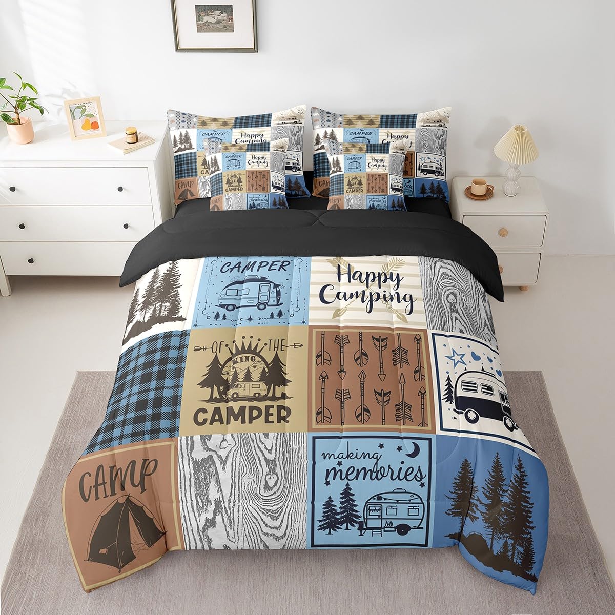 Erosebridal Happy Camping Bedding Set Queen Rv Camper Comforter Set 7 Piece for Travel Trailers Bunks,Rustic Buffalo Plaid Pine Trees Camper Car Decor Bed in A Bag Rv Accessories for Inside Bed Set