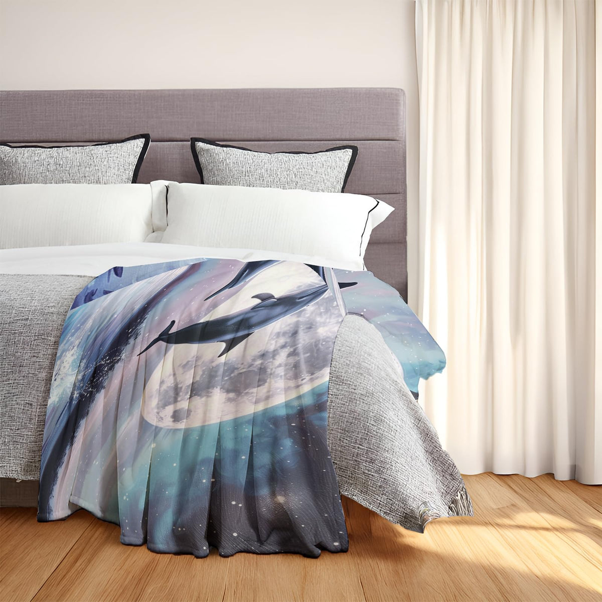 MIEPOS Dolphin and Moon Throw Blanket - Soft, Cozy, Lightweight Flannel, Warm, Plush, Fuzzy Decor for Couch, Office, Travel - Mystical Night Sky and Ocean Design 50×60 Inch