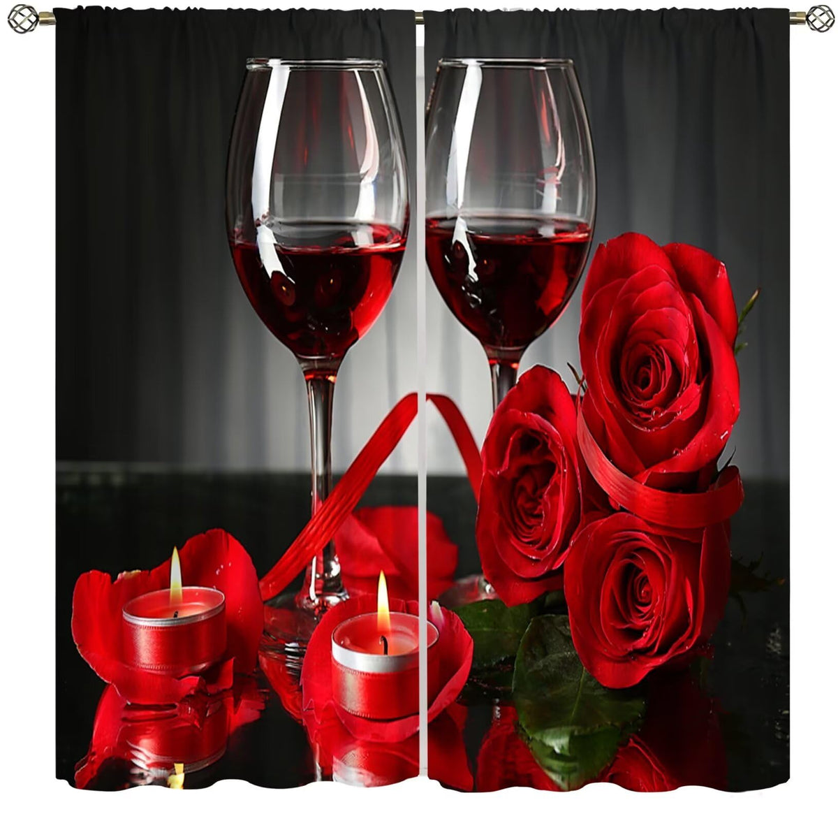 Wines Blackout Window Curtains Candle Red Roses and Red Wine Female Romantic Art Thermal Insulated Darkening for Living Room Bedroom Children's Room Decor Set 2 Panels,42x45 Inches
