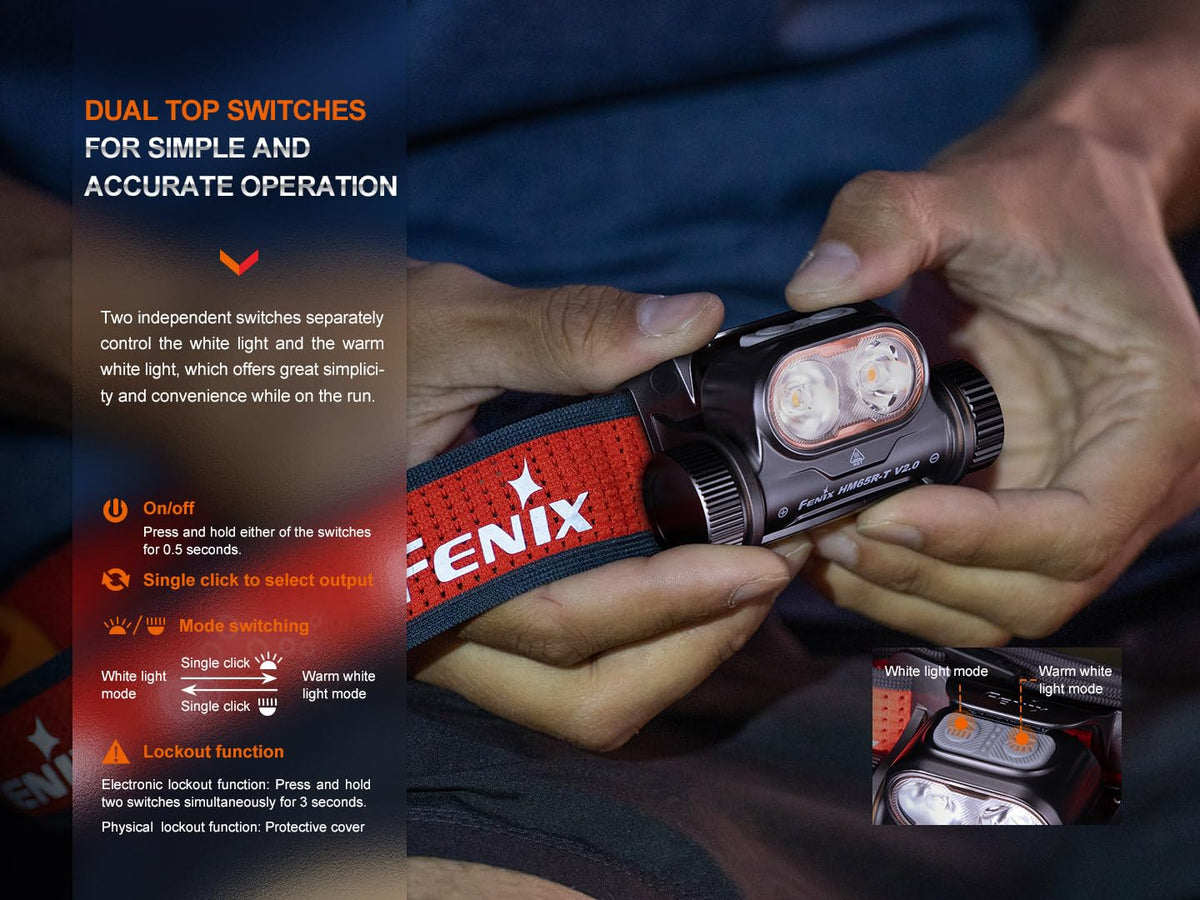 Fenix HM65R-T V2.0 Running Headlamp, 1600 Lumen White Light and Warm White Dual Beams, USB-C Rechargeable, Lightweight Long Runtime for Trail Running, with Organizer (Black)