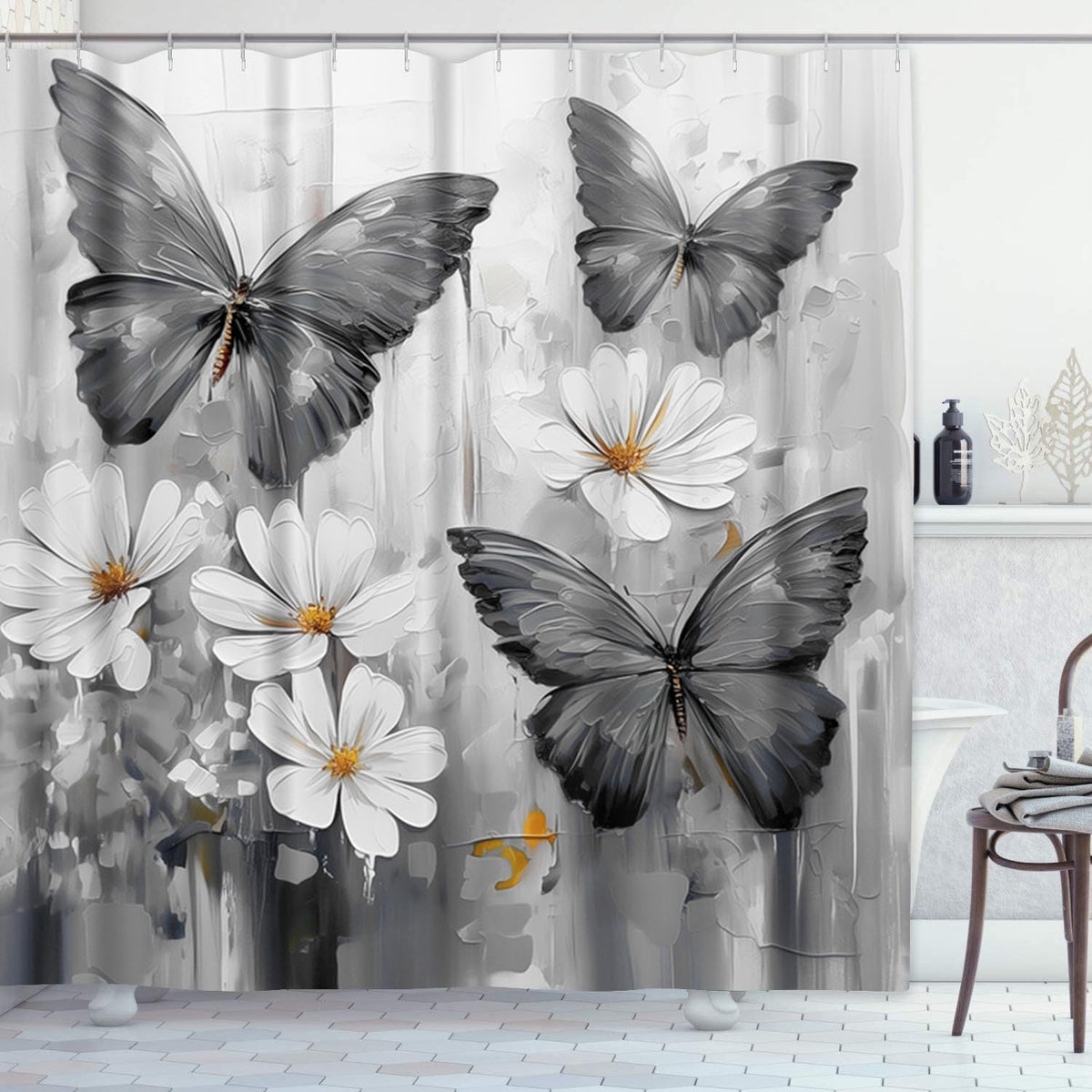 Emvency Shower Curtain Tropical Morpho Butterflies Daisy Flowers Black Bathroom Home Decor Waterproof Polyester Fabric 72 x 72 inches Set with Hooks