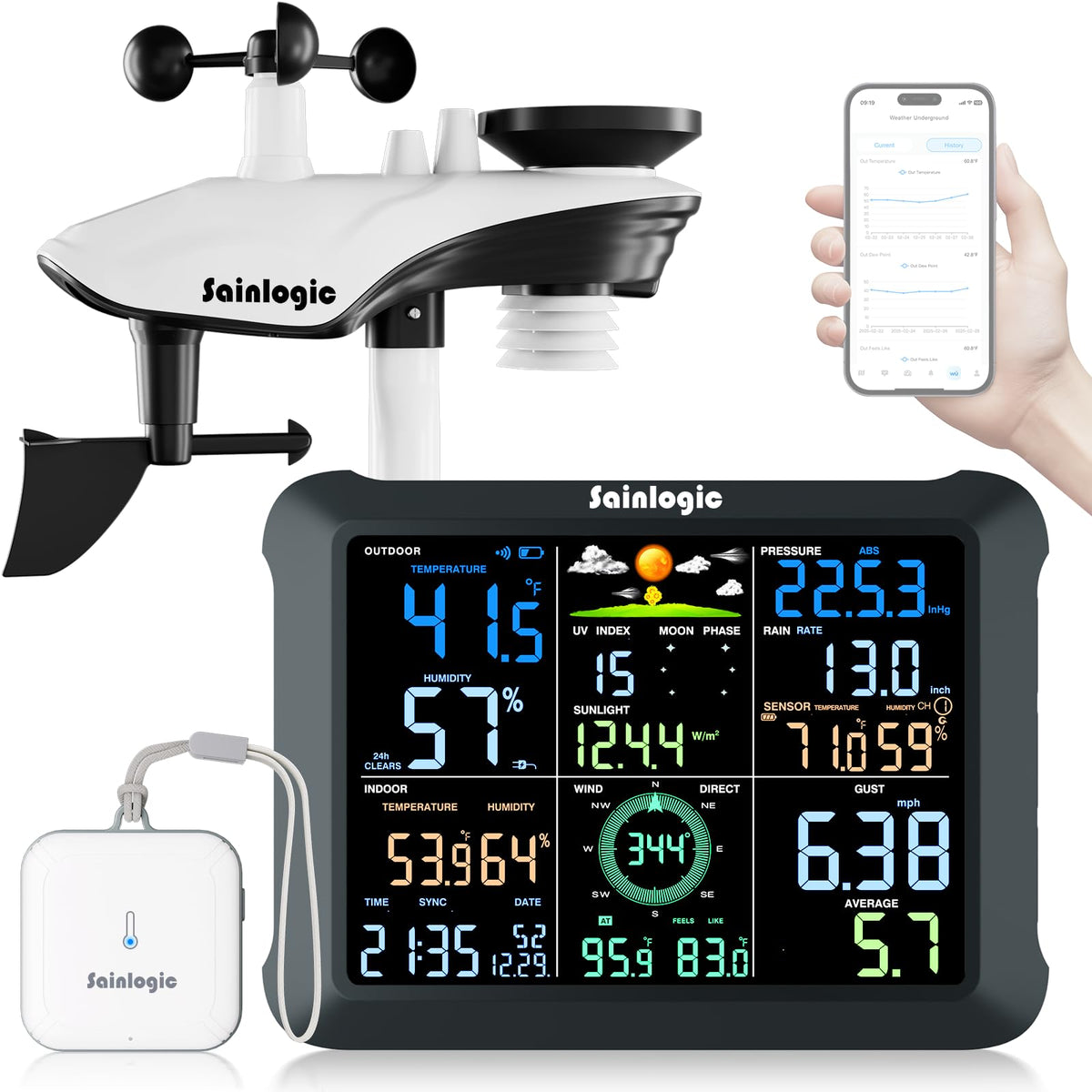 Sainlogic 14-in-1 WiFi Weather Station – 24/7 AI Forecast by Weatherseed®, Rain Gauge, Wind Speed, UV Sensor, Humidity, Moon Phase, Alarm & Alerts, 2-Year Data Export