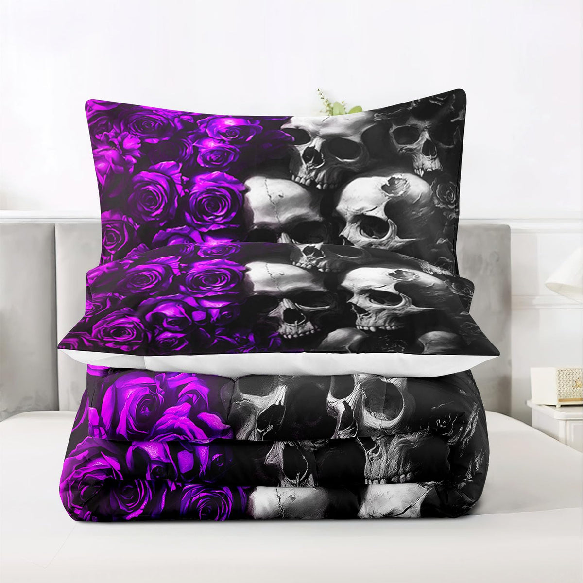 Raphus Cucullatus Gothic Black & Rose Skull Bedding Set - Queen Size Quilt, Comforter & Skeleton Pattern