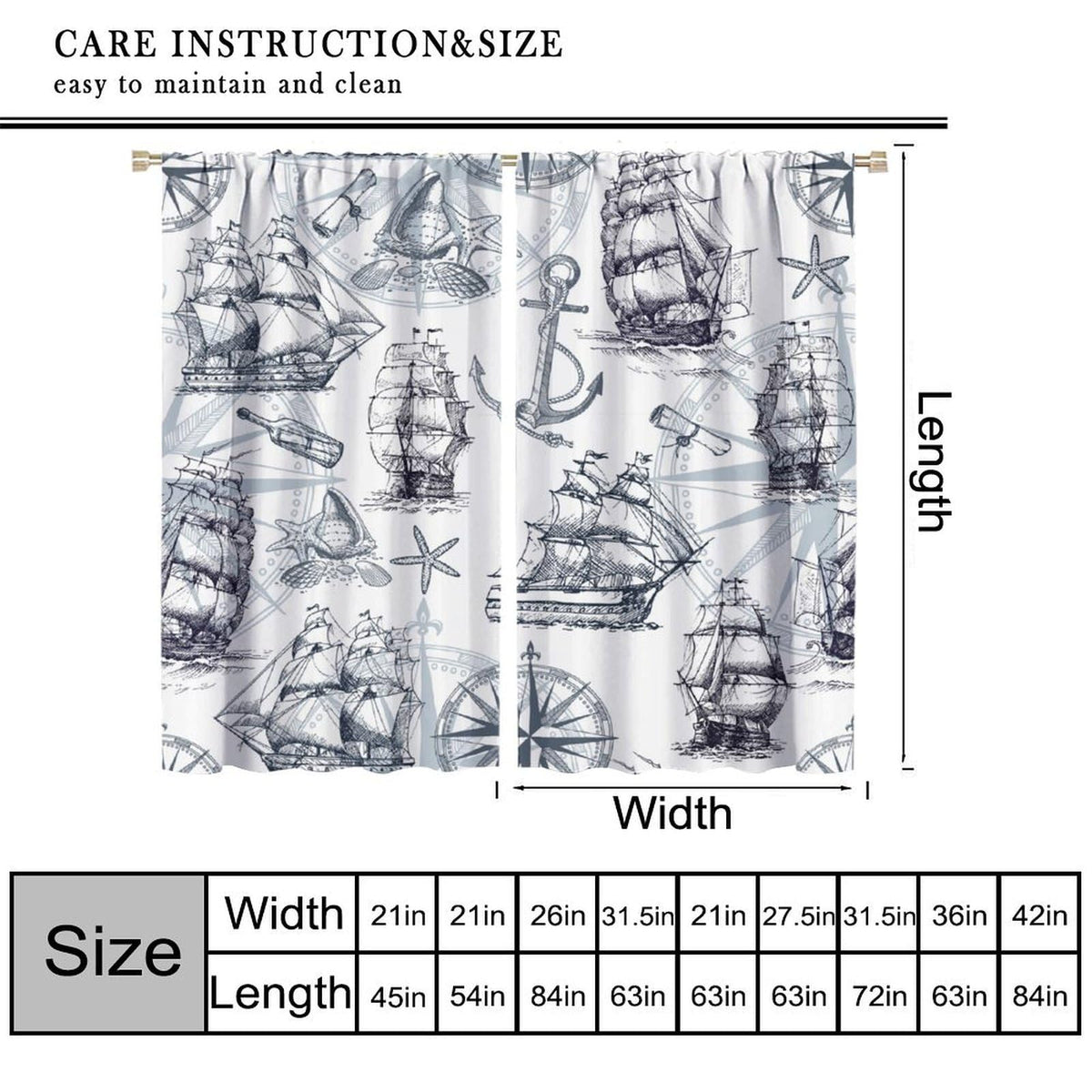 XBDDZSW Nautical Sailboat Map Curtains Sketch Pirate Ship Wheel Compass Starfish Coral Reef Nautical Map Pattern Print Window Drapes for Bedroom Living Room Kitchen Decor,2 Panel Set,42x45 Inch Decor