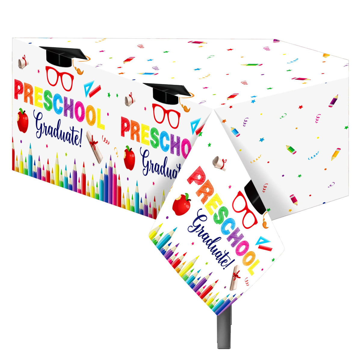 CC HOME 1Pc Preschool Graduation Party Plastic Tablecloth 54 x 87 Inch Long Table Cover, Colorful Crayon Party Tablecover for Graduate Theme Kids Baby Shower Birthday Dinner Picnic Kitchen Event