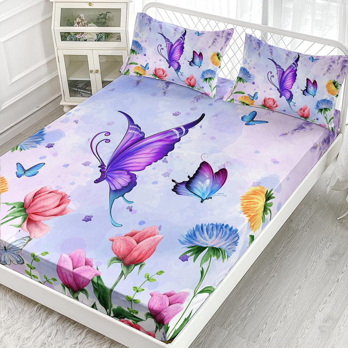 AILONEN Butterfly Bedding Set Twin Size Blue Pink Flower Fitted Sheets 3 Pieces Set Purple Lavender Sheet for Kids Girls Bedroom Decor Breathable Fitted Sheet and 2 Pillowcases