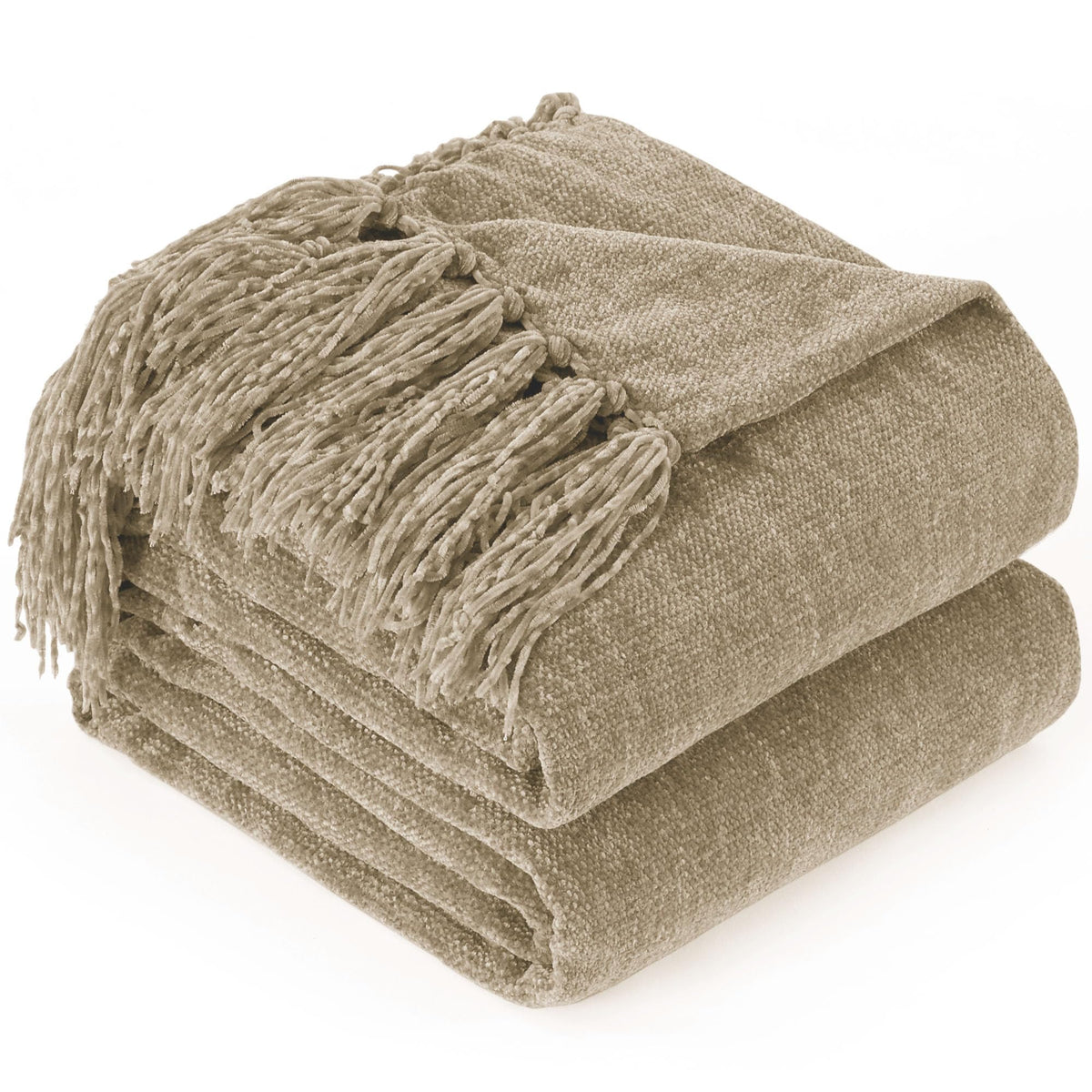 GINAMUSE Chenille Throw Blanket for Couch with Tassels,50"X60" Soft Cozy Lightweight Knitted Boho Decorative Blankets for Bed and Sofa,Taupe