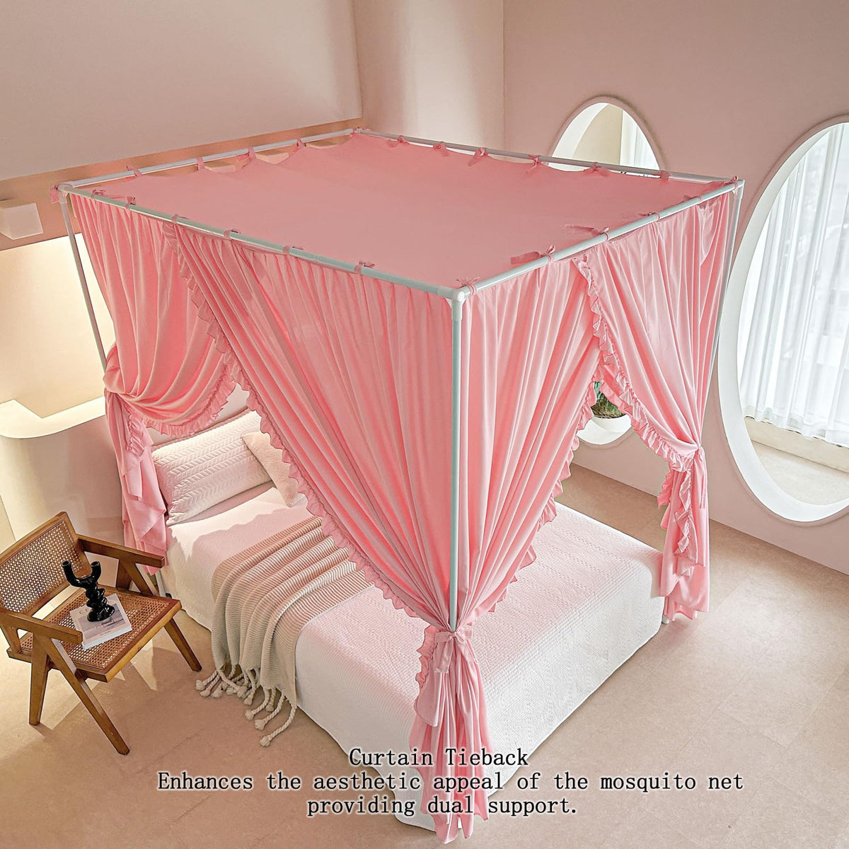 AIKASY Princess Canopy Bed Curtains with Top Ties - Windproof & Lightproof for Girls' Adult Bedroom Decor | Bed Canopy Drapes (King,Pink)
