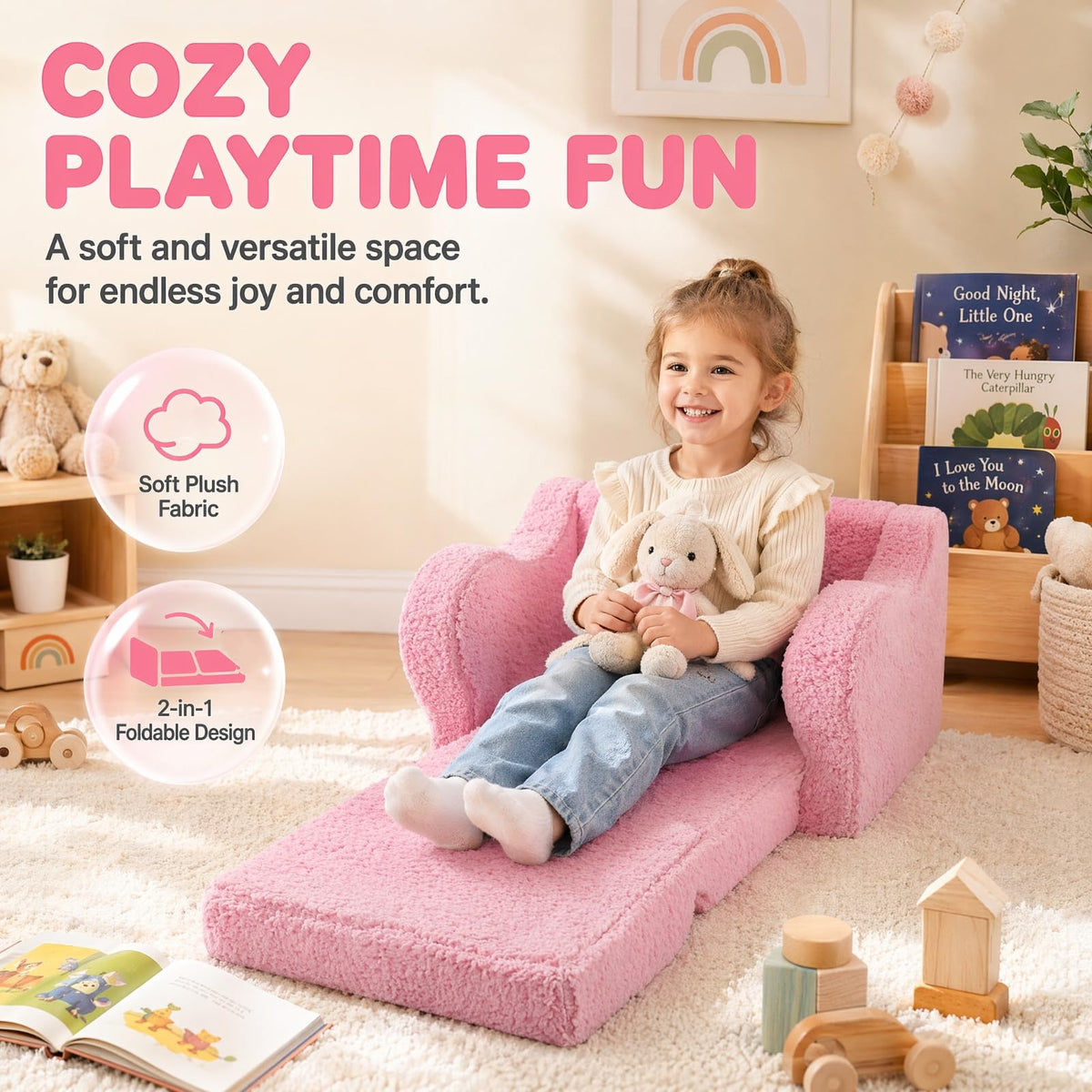 MOMCAYWEX Kids Sofa, 2-in-1 Flip-Out Foam Couch with Soft Sherpa Cover, Cozy Play Lounge Chair, Pink