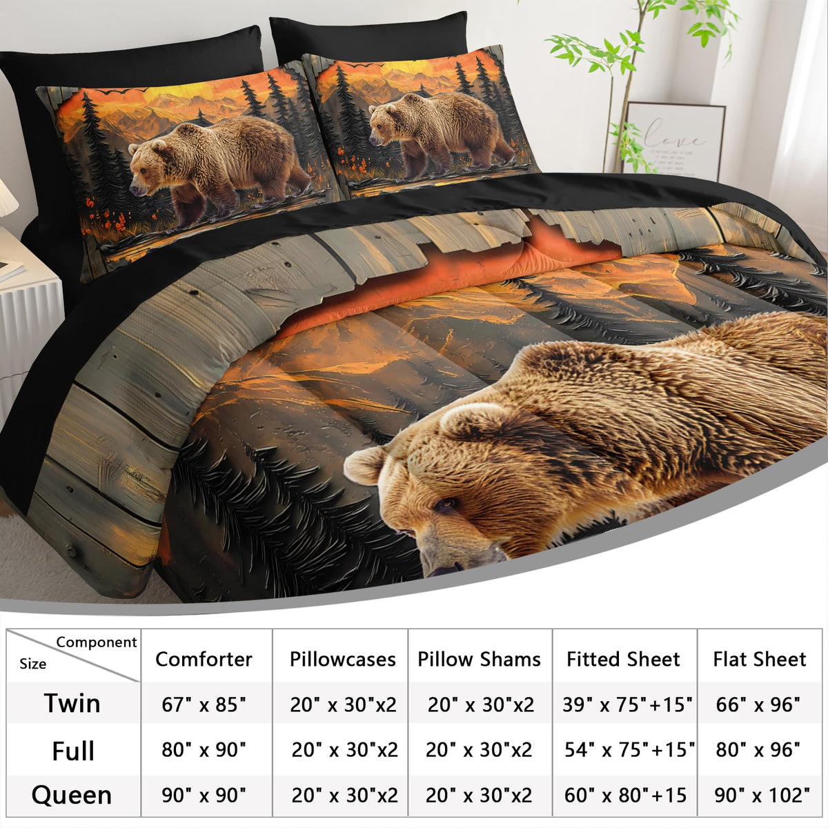 AILONEN Rustic Bear Bedding Queen Size 7-Piece Soft Bed in a Bag, Wildlife Hunting Comforter & Fitted Sheet & Flat Sheet & 2 Pillowcases,2 Pillow Shams for Bedroom Decor