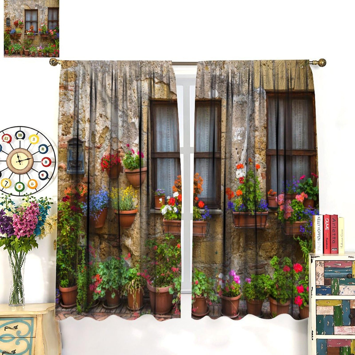 DDCBNS ltalian Style Curtains Old Stone Wall Flowers Printed Window Treatments for Bedroom Living Room Kitchen Café European Town Scenery Décor Drapes 2 Panel Sets Total Size 42" x 45"