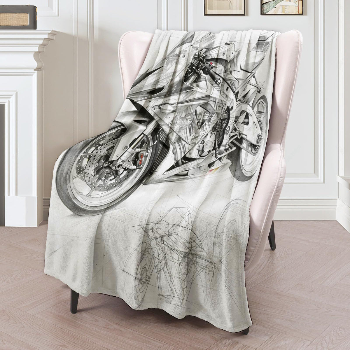 Detailed Motorcycle Sketch Flannel Throw Blanket - Soft, Comfortable, Lightweight, Warm, Cozy - Anti-Pilling, Fuzzy Design for Couch, Bedroom, Travel - Unisex 60×50in