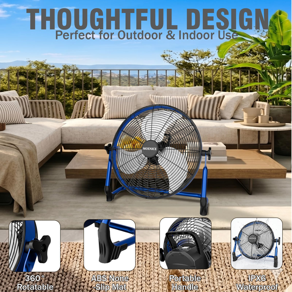 MOXNICE 18" Solar Rechargeable Floor Fan, 30W Cordless Solar Fan Outdoor, Portable Camping Fan, Hi-airflow, USB Output, Wireless, for Home Garage RV Camping Greenhouse