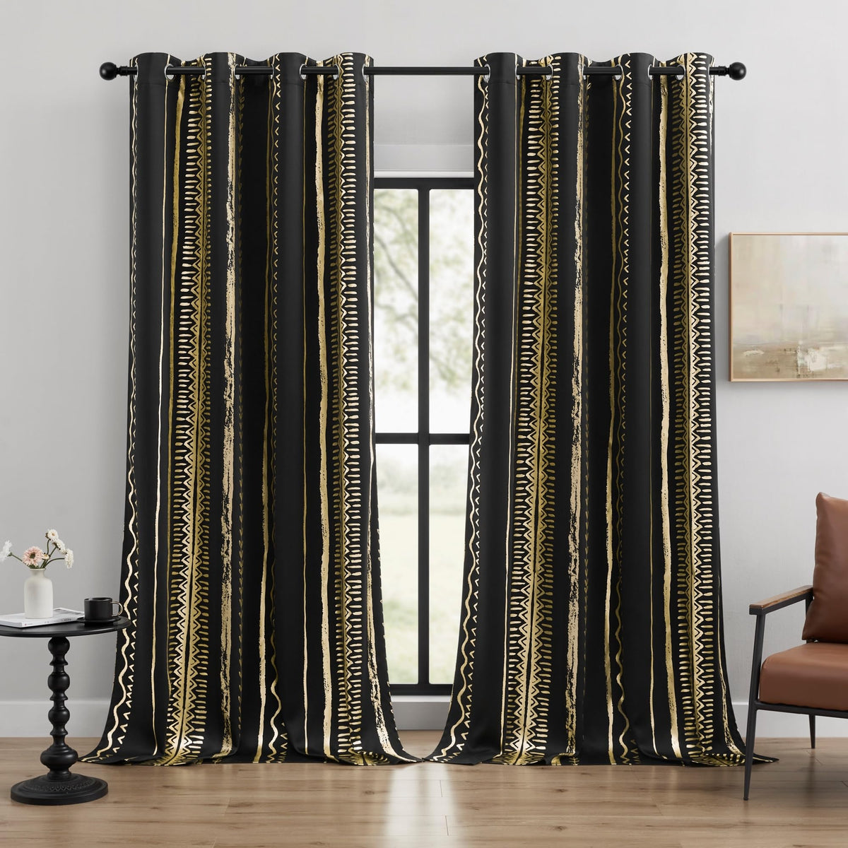 BOHOMOCASA Black and Gold Curtains, 100% Blackout, Boho Metallica Gold Foil Pattern – Thermal Insulated, Noise Reducing, Grommet Top, Set of 2 Panels, 52 x 96 Inch, Bohemian Design