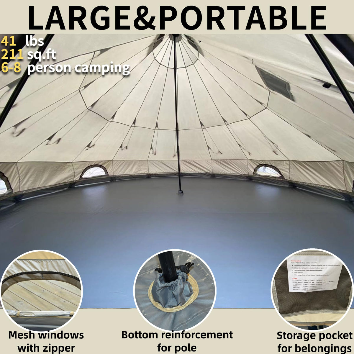 DANCHEL OUTDOOR B2 Portable Yurt with Stove Jack for All Year Living, 4 Season Bell Tent 6 Person Family Camping Glamping Party 300D Oxford Khaki,5m/16.4ft