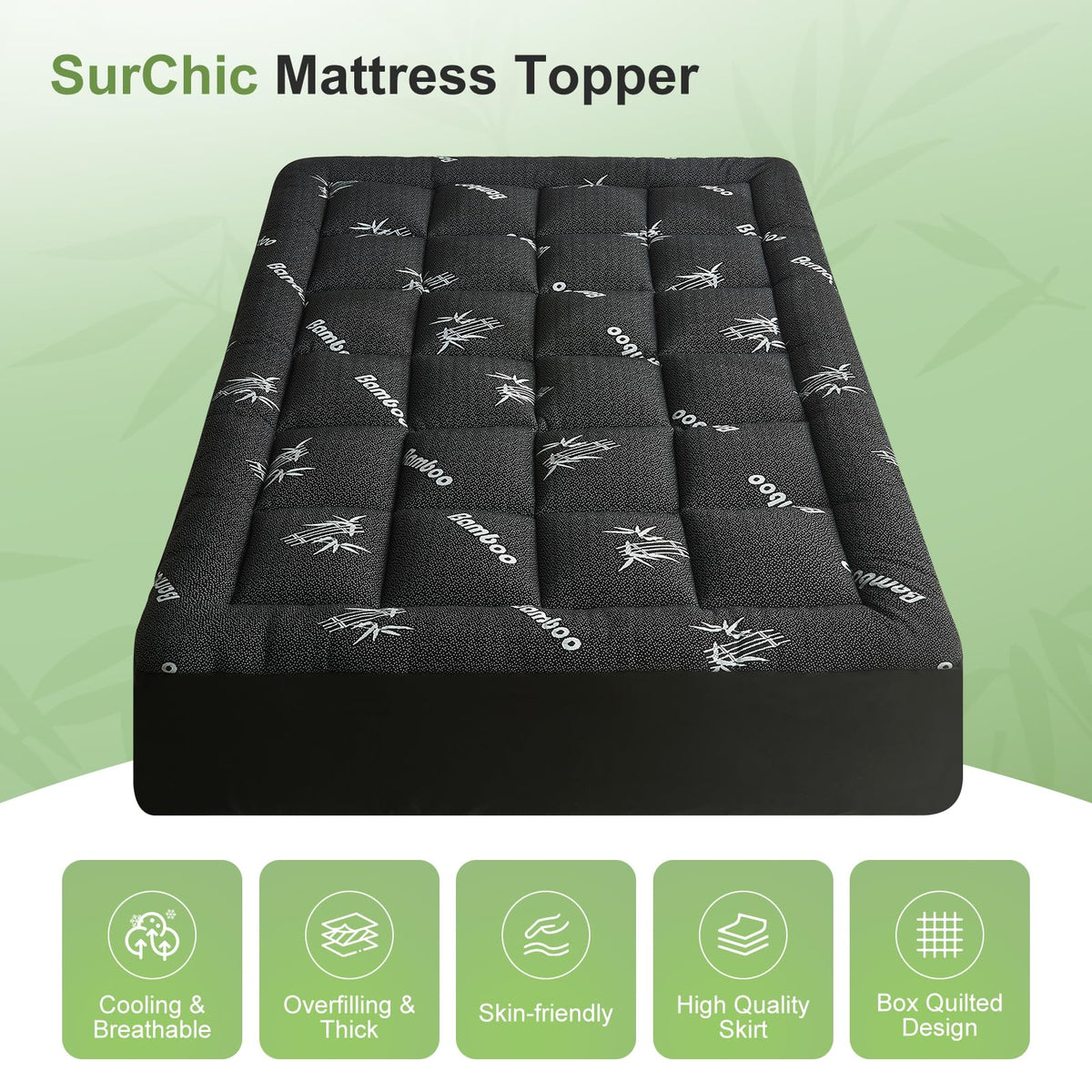 SurChic Queen Size Mattress Topper Viscose Derived from Bamboo, Soft Thick Pillow Top Mattress Pad Cover for Back Pain, Cooling Mattress Protector with 8-21 Inch Deep Pocket, Dark Grey