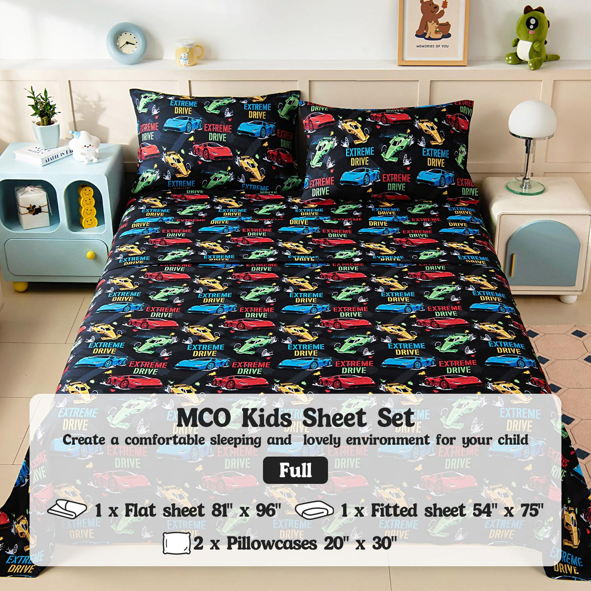 MCO Kids Full Size Bed Sheets, Soft Microfiber Full Size Sheets for Boy Girls, 4 Pieces Breathable Full Bed Sheet Race car Black
