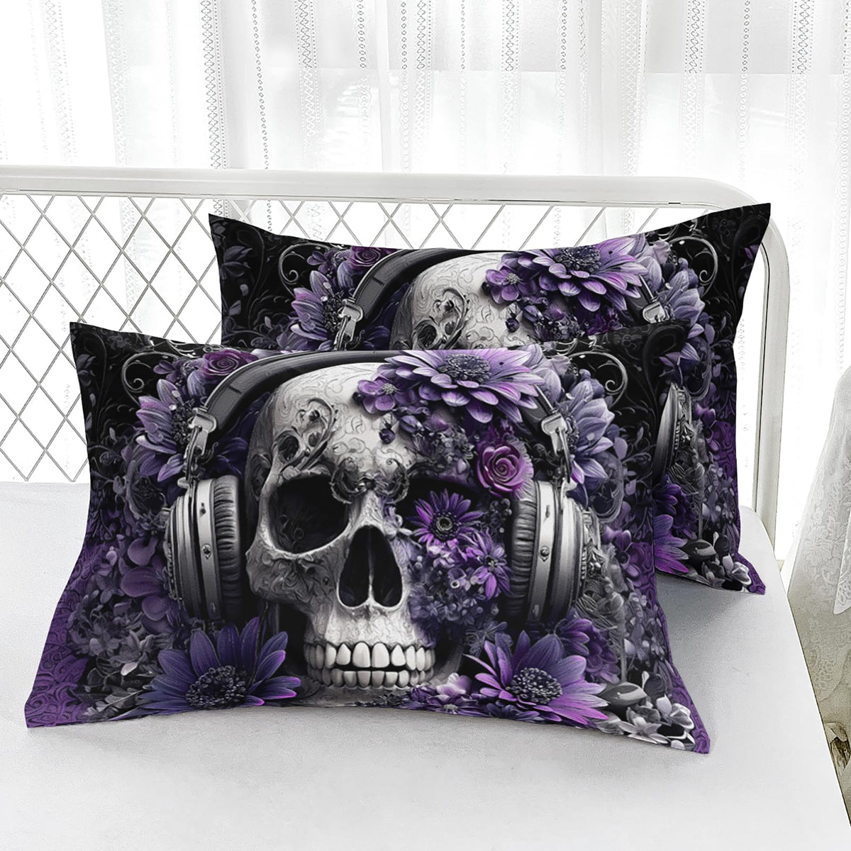 AILONEN Girls Floral Skull Fitted Sheet Set Queen Size,3-Piece Music Themed Skeleton Bedding Set,Gothic Purple Flower Skull Printed Deep Pocket Sheets with 2 Pillowcases