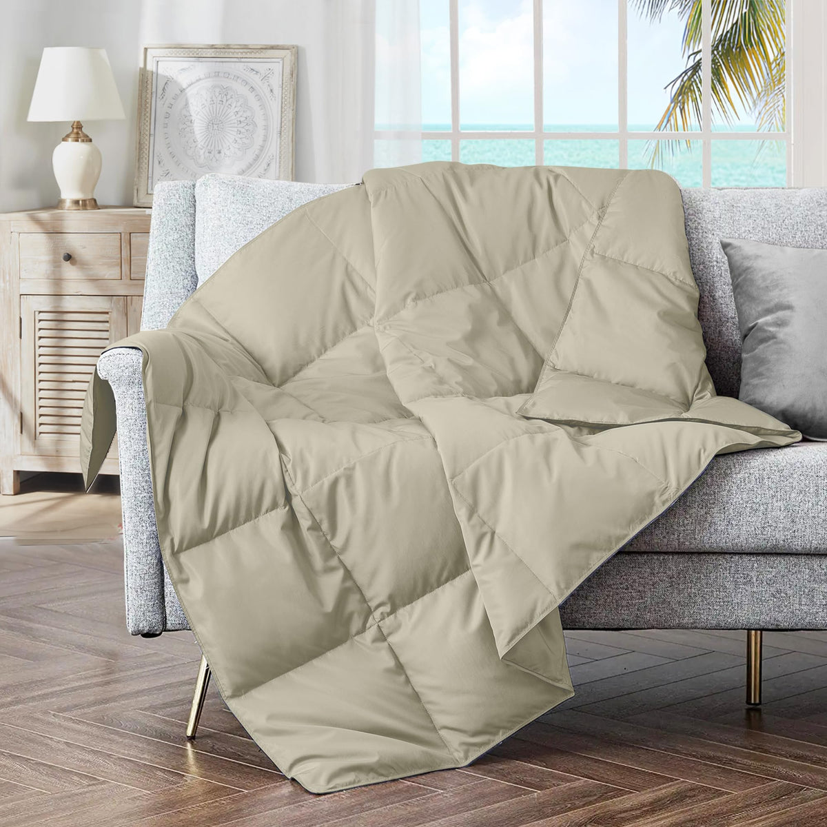puredown® Soft Feather Down Throw Blanket Lightweight Packable Couch Throw for Indoor and Outdoor Use, Throw 50"X70", Beige
