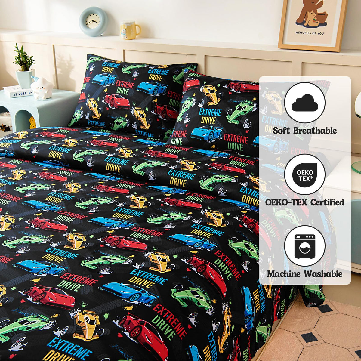 MCO Kids Full Size Bed Sheets, Soft Microfiber Full Size Sheets for Boy Girls, 4 Pieces Breathable Full Bed Sheet Race car Black