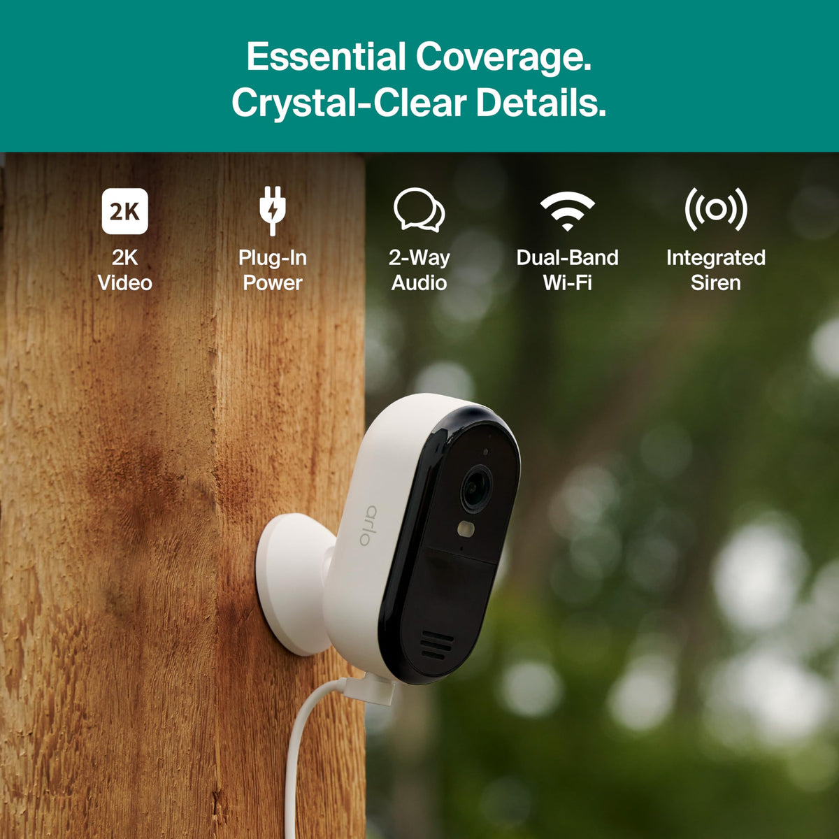 Arlo Essential Security Camera 2K (2025 Release) + 6 Months of Secure Plus Plan - Continuous Wired Plug-in Power Outdoor Camera, Person Recognition, Package Detection, Animated Preview, 2 Cam, White