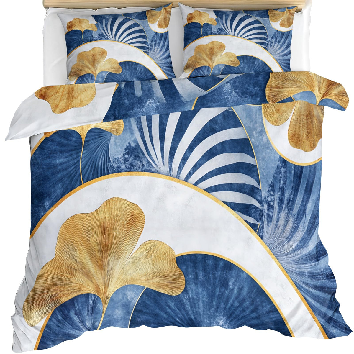 GKPLY Ginkgo Leaves Bedding Sets Full, Blue and Gold Comforter Cover, Elegant Botanical Duvet Cover & Bedroom Decor, Zipper Closure, Reversible Print, Soft Microfiber Bedding Set & 2 Pillow Cases