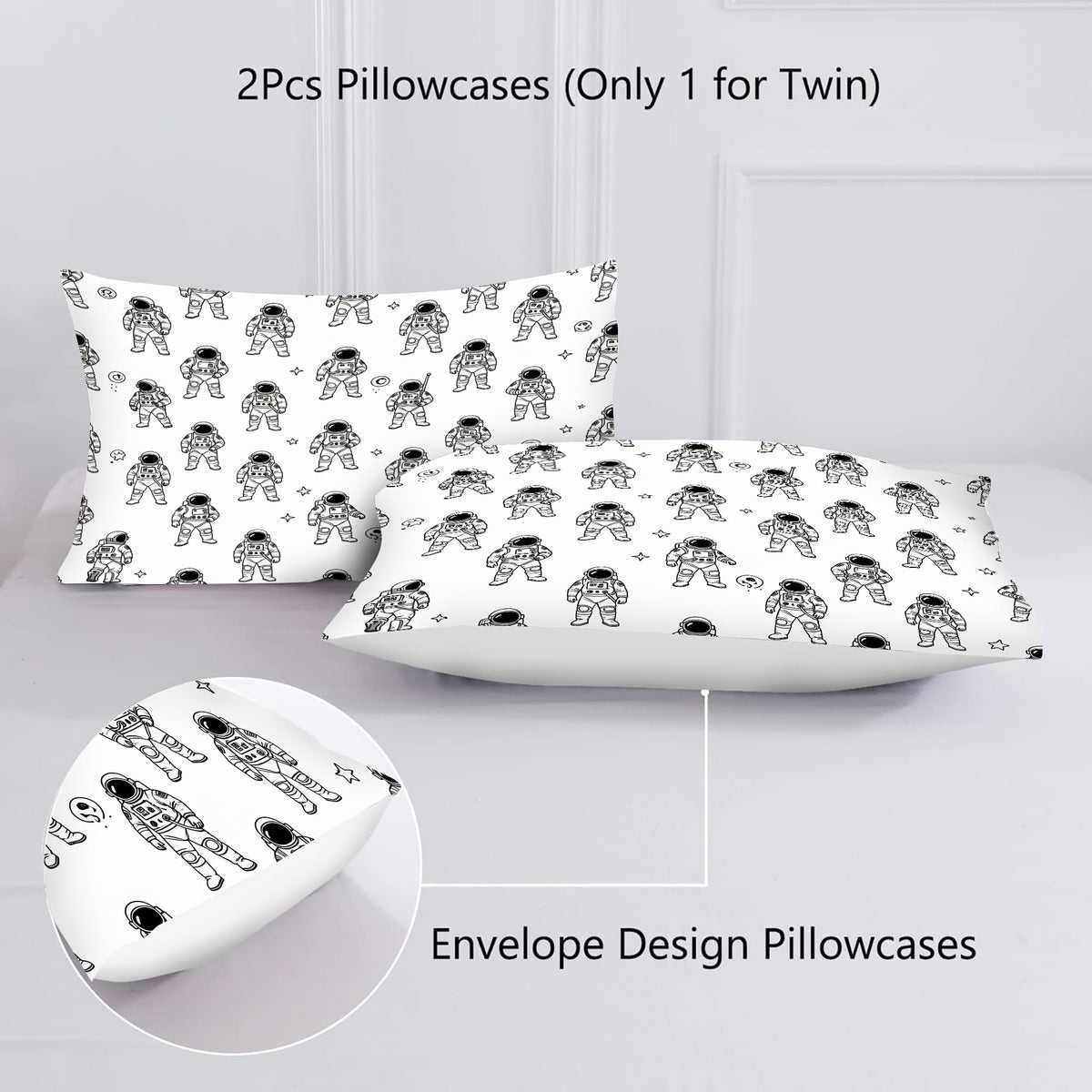 VTKON Black and White Astronaut 3Pcs Comforter Set for Boys, Full Size Spaceman and Star Bedding Set, Line Print Galaxy Bed Sets for Kids Bedroom with 2 Pillowcases