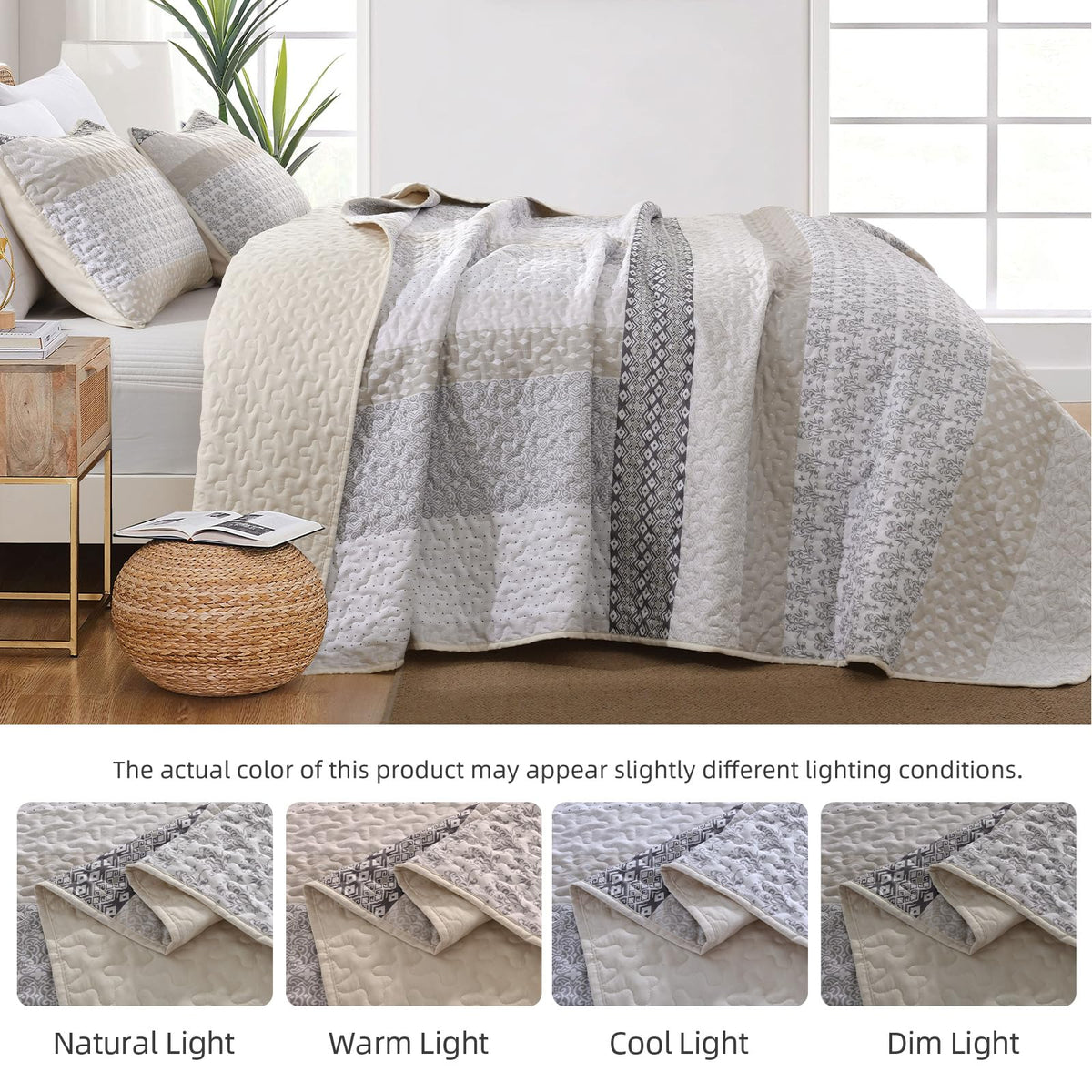WONGS BEDDING Beige Quilt King Size, Bohemian Stripe Quilt Sets 3 Pieces Boho Quilted Bedspread Set Lightweight Microfiber Coverlet Bedding Set All Season (104"x90")