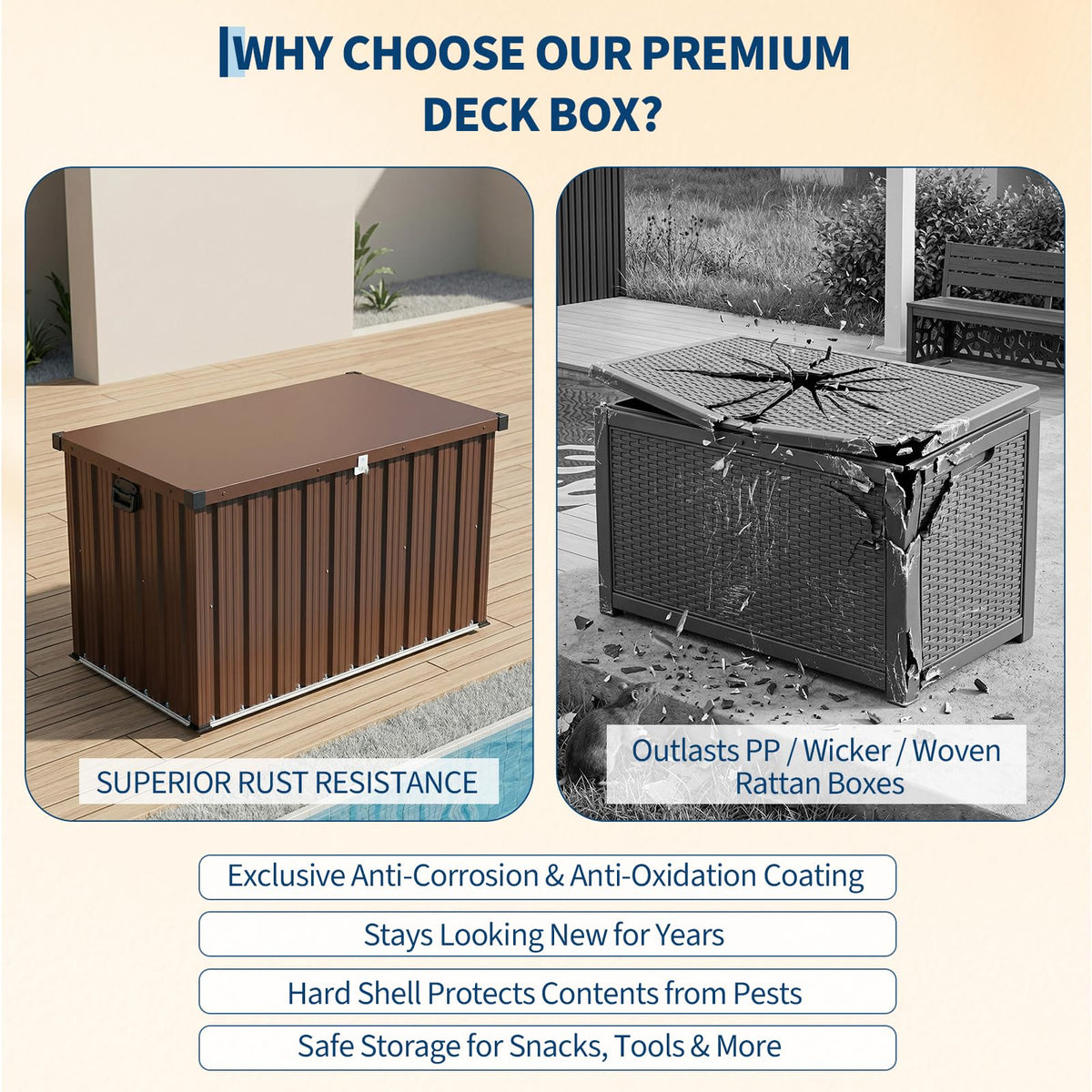 160 Gallon Outdoor Metal Storage Box, Waterproof Steel Deck Box with Lockable Soft-Close Lid, Dual Gas Struts, Wheels, Handles, Large Patio Cushion Tool Pool Storage, Brown,53.15"L x 27.76"W x 29.92"H
