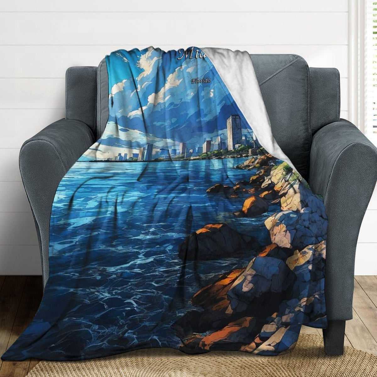 Miami Florida City Skyline Landscape Abstract Blanket Soft Flannel Lightweight Blanket Outdoor Travel Carry Living Room Bedroom Sofa Decoration Gifts 50x60 Inch
